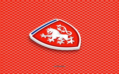 4k, logotipo isométrico del equipo nacional de fútbol de la república checa, arte 3d, arte isometrico, selección de fútbol de la república checa, fondo rojo, república checa, fútbol, emblema isométrico