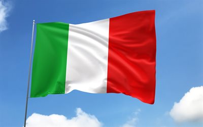 bandeira da itália no mastro, 4k, países europeus, céu azul, bandeira da itália, bandeiras de cetim onduladas, bandeira italiana, símbolos nacionais italianos, mastro com bandeiras, dia da itália, europa, itália