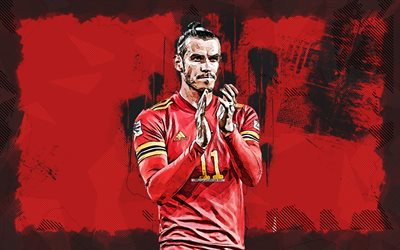 Gareth Bale, 4k, grunge art, Wales National Football Team, soccer, footballers, red grunge background, Welsh football team, Gareth Bale 4