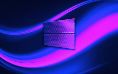 logo viola di windows 10, 4k, sfondo viola ondulato, logo al neon di windows 10, sistemi operativi, logo di windows 10, creativo, windows 10