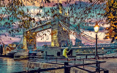 4k, جسر البرج, لندن, ناقلات الفن, فن إبداعي, رسومات لندن, رسومات جسر البرج, فن جسر البرج, لندن سيتي سكيب, إنكلترا