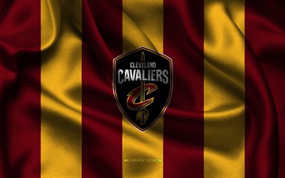 4k, Cleveland Cavaliers logo, burgundy yellow silk fabric, American basketball team, Cleveland Cavaliers emblem, NBA, Cleveland Cavaliers, USA, basketball, Cleveland Cavaliers flag