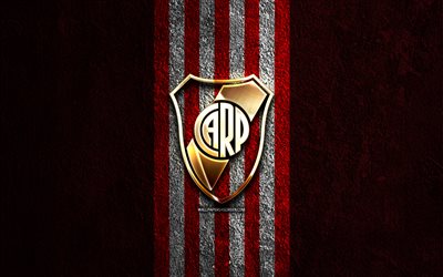 River Plate golden logo, 4k, red stone background, Liga Profesional, argentine football club, River Plate logo, soccer, River Plate emblem, Club Atletico River Plate, CA River Plate, football, River Plate FC