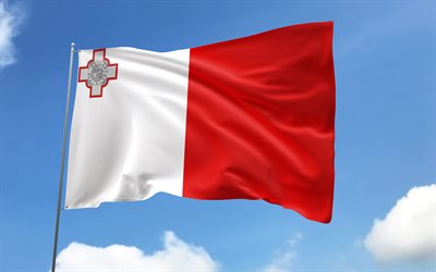 bandeira de malta no mastro, 4k, países europeus, céu azul, bandeira de malta, bandeiras de cetim onduladas, bandeira maltesa, símbolos nacionais malteses, mastro com bandeiras, dia de malta, europa, malta