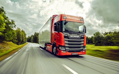 2022년, 스카니아 r460, 4k, 외부, 전면보기, 도로에 트레일러가 있는 트럭, 빨간색 스카니아 r460, r 시리즈, 트럭 운송, 트럭 배달, 새 트럭, 스카니아