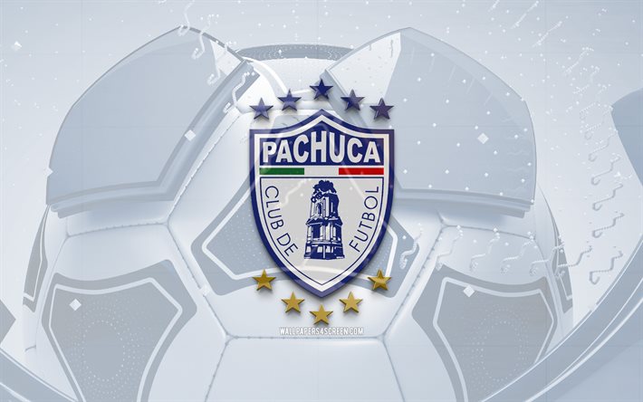 CF Pachuca glossy logo, 4K, blue football background, Liga MX, soccer, mexican football club, CF Pachuca 3D logo, CF Pachuca emblem, Pachuca FC, football, sports logo, CF Pachuca