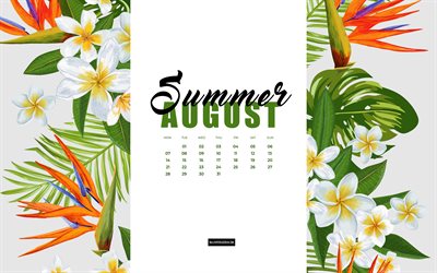 4k, 2023 August calendar, floral watercolor summer background, 2023 summer calendars, watercolor tropical plants, August 2023 Calendar, 2023 concepts, August, summer background