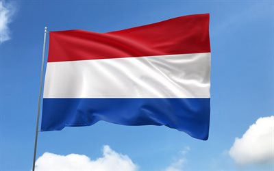 Netherlands flag on flagpole, 4K, European countries, blue sky, flag of Netherlands, wavy satin flags, Dutch flag, Dutch national symbols, flagpole with flags, Day of Netherlands, Europe, Netherlands flag, Netherlands