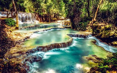 cachoeira em cascata, floresta tropical, cascata, rio na floresta, cachoeira na floresta, trópicos, selva, tailândia