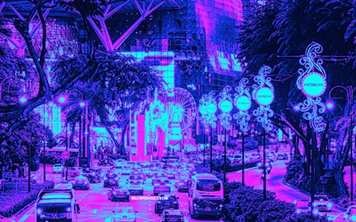 orchard road, 4k, cyberpunk, ruas, cidades asiáticas, cingapura, obra de arte, ásia, paisagem urbana de singapura, singapura cyberpunk