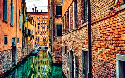 Venice, inside view, canals, old buildings, streets in Venice, parked boats, Venice cityscape, Italy