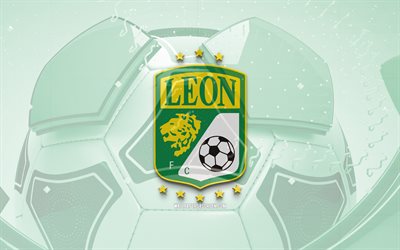 Club Leon glossy logo, 4K, green football background, Liga MX, soccer, mexican football club, Club Leon 3D logo, Club Leon emblem, Leon FC, football, sports logo, Club Leon