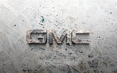 gmc 스톤 로고, 4k, 돌 배경, gmc 3d 로고, 자동차 브랜드, 창의적인, gmc 로고, 그런지 아트, 지엠씨