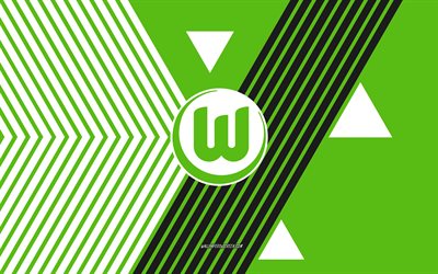 vflヴォルフスブルクのロゴ, 4k, ドイツのサッカー チーム, 緑の白い線の背景, vflヴォルフスブルク, ブンデスリーガ, ドイツ, 線画, vfl ヴォルフスブルクのエンブレム, フットボール, ヴォルフスブルク fc