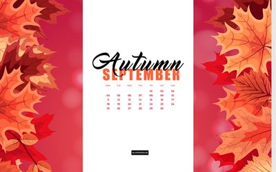 4k, 2023 syyskuun kalenteri, syksyn lehdet akvarelli tausta, syksyn 2023 kalenterit, akvarellipunaiset lehdet, syyskuun 2023 kalenteri, 2023 konseptit, syyskuu, syksyinen tausta