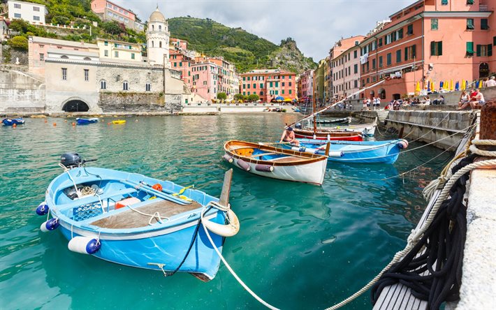 Vernazza, yaz, marina, tekne, Cinque Terre, Italy