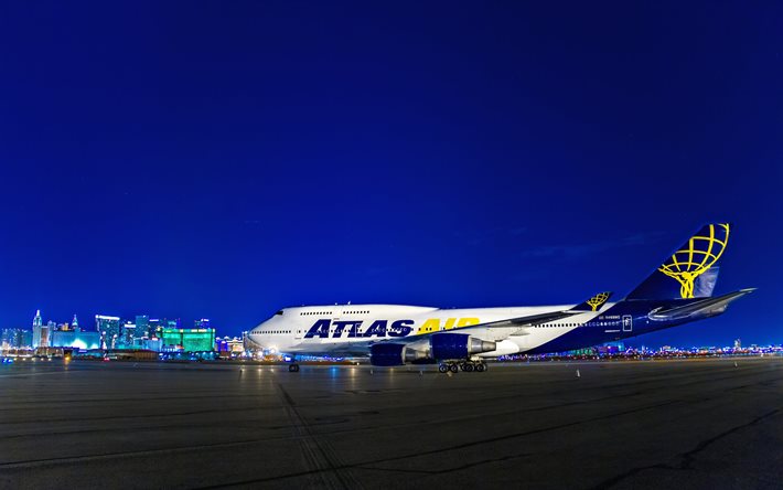 flygplan, boeing 747, natt, flygplats