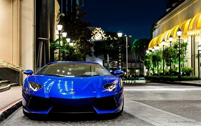 la noche, 2015, Lamborghini Aventador LP700-4, supercars, azul Aventador, vista de frente, Lamborghini
