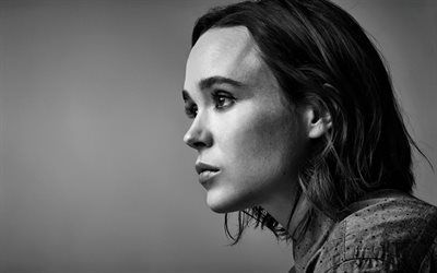 actress, Ellen Page, brunette, girls, face, beauty, black and white photo