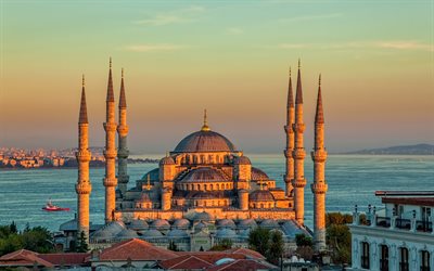 La Mosquée bleue, Istanbul, coucher de soleil, la Turquie, le temple, le quartier de Sultanahmet