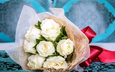 शादी का गुलदस्ता, सफेद गुलाब, लाल रिबन, गुलाब