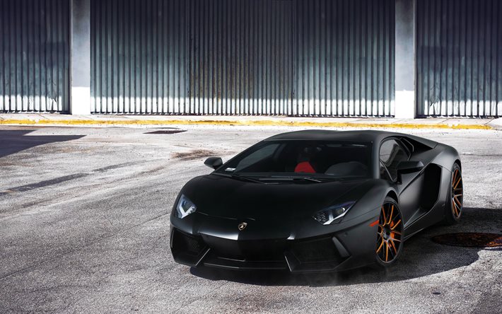 aparcamiento, 2015, Lamborghini, Aventador LP700-4, supercars, Lamborghini negro