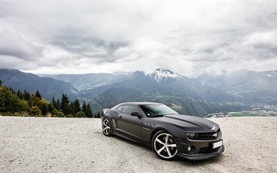 supercars, mountains, 2016, Chevrolet Camaro, matt black Camaro, tuning