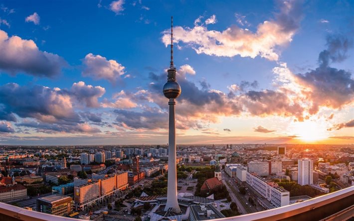 berlin, stadsbild, solnedgång, tv-torn, tyskland, berlin tv-torn