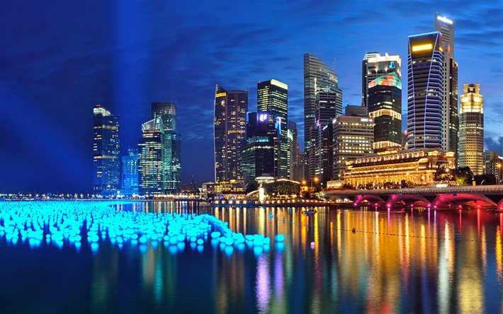 singapore, panorama, natt, skyskrapor, marina bay, hamn