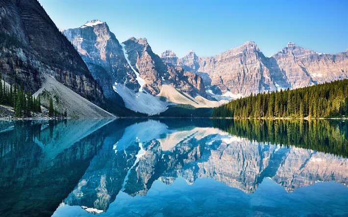 lago moraine, 4k, riflessione, alberta, laghi blu, hdr, punti di riferimento canadesi, montagne, valle delle dieci vette, foresta, banff national park, concetti di viaggio, canada, banff