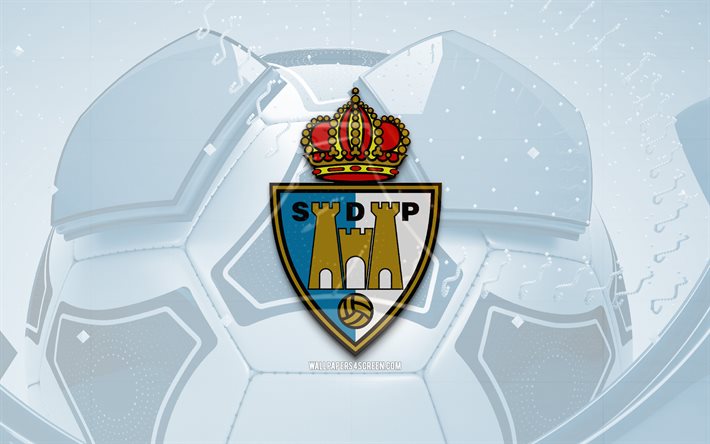 SD Ponferradina glossy logo, 4K, blue football background, LaLiga2, soccer, spanish football club, SD Ponferradina 3D logo, SD Ponferradina emblem, Ponferradina FC, football, La Liga2, sports logo, SD Ponferradina logo, SD Ponferradina