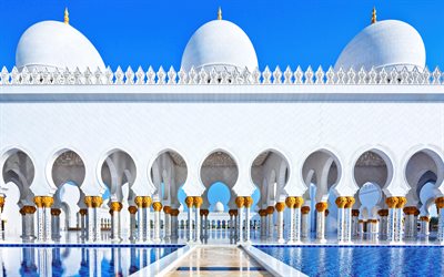 4k, Sheikh Zayed Grand Mosque, HDR, Abu Dhabi landmarks, mosque, Islamic architecture, Abu Dhabi, United Arab Emirates, UAE, Asia