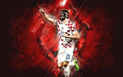 josko gvardiol, équipe nationale de football en croatie, portrait, joueur de football croate, fond de pierre rouge, croatie, football