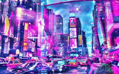 4k, new york, gata, cyberpunk, trafikljus, stadsbilder, nyc, amerikanska städer, usa, america, moderna byggnader, new york cyberpunk, new york citys