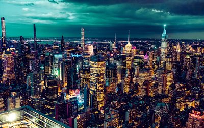 nueva york, noche, manhattan, rascacielos, centro de negocios, vista aérea de manhattan, eeuu, paisaje de la ciudad de nueva york