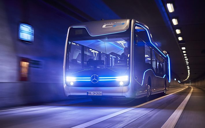tunnel, 2016, Mercedes-Benz Future Bus, headlights, night, passenger bus