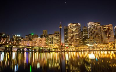 darling harbour, noite, edifícios, sydney, austrália