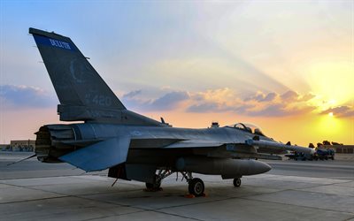 4k, general dynamics f-16 fighting falcon, amerikanischer jäger, usaf, f-16 auf dem flugplatz, kampfflugzeug, militärflugzeug, f-16, usa