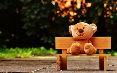 teddy bear on bench, 4k, bokeh, toys, cute bear, teddy bear in park, teddy bears