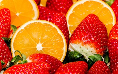 jordgubbar, apelsiner, makro, exotiska frukter, färsk frukt, frukt, bakgrund med frukt