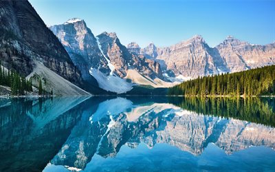 मोराइन झील, 4k, गर्मी, पहाड़ों, प्रतिबिंब, नीली झीलें, कनाडा के स्थलचिह्न, बानफ नेशनल पार्क, यात्रा अवधारणा, कनाडा, अल्बर्टा, banff