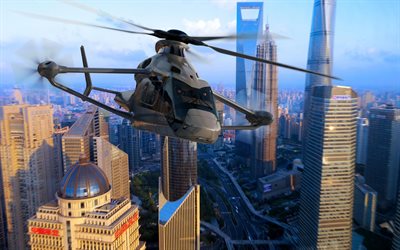 4k, Airbus Racer, cityscapes, multipurpose helicopters, civil aviation, white helicopter, aviation, civil aitcraft, flying helicopters, Airbus, pictures with helicopter, Airbus Helicopters