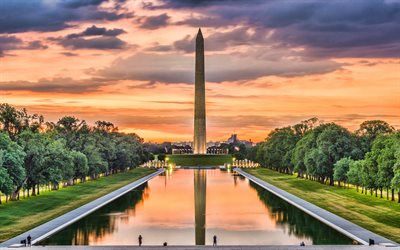 4k, Washington Monument, obelisk, evening, sunset, National Mall, Washington, landmark, Washington cityscape, USA
