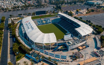 Dignity Health Sports Park, aerial view, LA Galaxy Stadium, MLS, Carson, California, Los Angeles, MLS stadiums, LA Galaxy, Los Angeles cityscape, evening, sunset, football stadium, USA