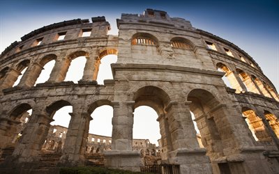 Pula Arena, sunset, ancient roman architecture, croatian landmarks, Roman amphitheatre, Pula Amphitheater, Pula, Croatia, Europe, Pula Istria, amphitheaters