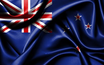 علم نيوزيلندا, 4k, دول المحيط, أعلام النسيج, يوم نيوزيلندا, أعلام الحرير متموجة, أوقيانوسيا, الرموز الوطنية لنيوزيلندا, نيوزيلاندا