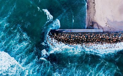 pier, aerial view, sea, waves, beautiful nature, storm, empty beach, coast, HDR