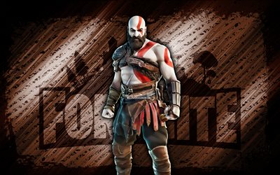 kratos fortnite, 4k, brun fond en diagonale, grunge art, fortnite, œuvres d art, kratos skin, fortnite personnages, kratos, fortnite kratos skin