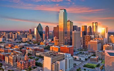 Chase Tower, Dallas, evening, sunset, modern buildings, Dallas skyscrapers, Dallas panorama, Dallas cityscape, Texas, USA