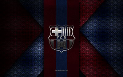fc barcelona, la liga, textura de punto azul burdeos, logotipo del fc barcelona, club de fútbol español, emblema del fc barcelona, fútbol, barcelona, cataluña, españa